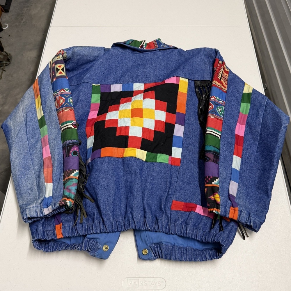One of a Kind Denim Jacket Womens M Blue Excellent Fringe Southwestern Aztec